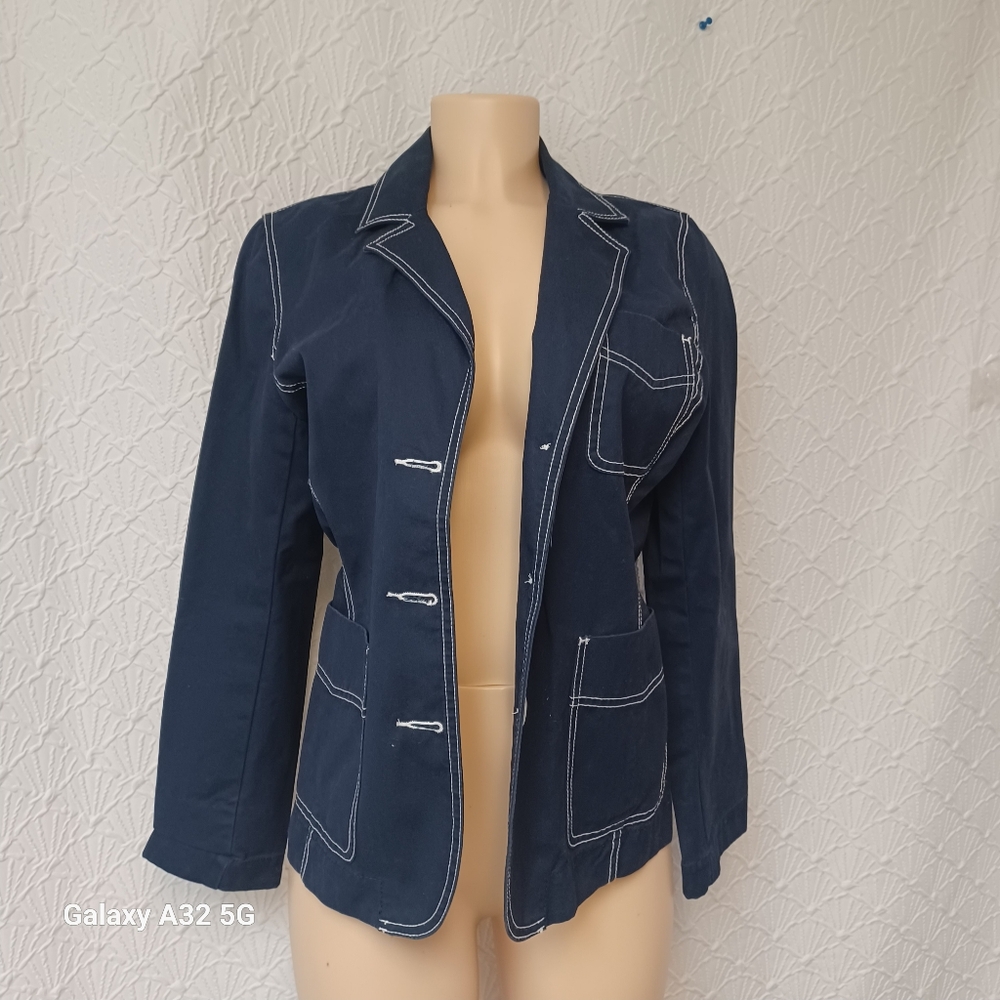Isaac Mizrahi Women Size M Dark Blue Blazer Jackets with Contrast Stitching - Picture 3 of 12